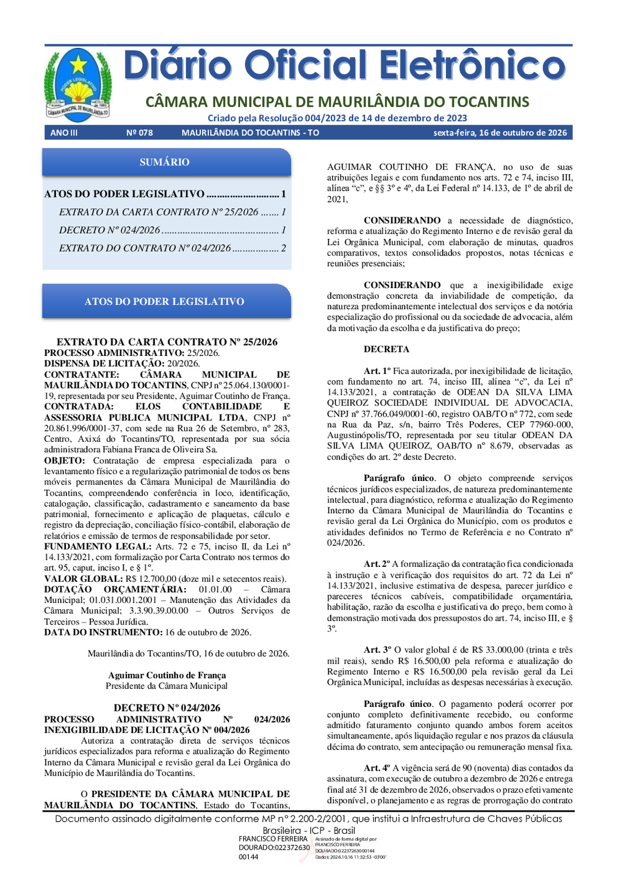 Diário Oficial N° 078